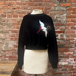 Black Velour Cropped Sweatshirt Embroidered Crane Bird Balloon Sleeve - Small/XS